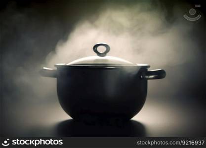 steaming pot in dark logo, steam over saucepan generative ai.