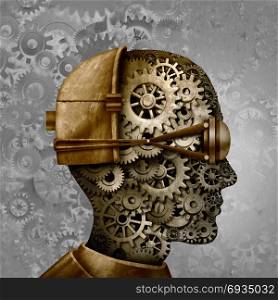 Steampunk and steam punk antique machine technology intelligence design as a retro gear cyberpunk and machine cog head design as science fiction fantasy art as a 3D illustration.
