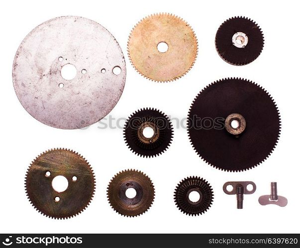 Steampunk details isolated on white. Mechanical clocks details and gears for design. The Steampunk device