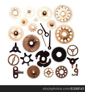 Steampunk details isolated on white. Mechanical clocks details and gears for design. The Steampunk device