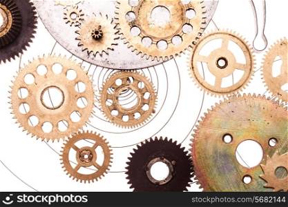 Steampunk details isolated on white. Mechanical clocks details, gears as a fantasy device or background
