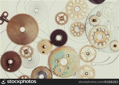 Steampunk details on white. Mechanical clocks details, gears as a fantasy device
