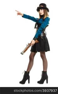 Steampunk girl with rifle.. Young steampunk islolated girl on white holding fancy rifle pointing. Fantasy old fashion wearing hat and goggle.