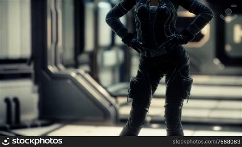 Steampunk woman in futuristic space ship