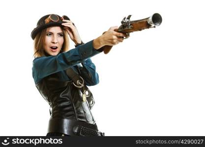 steampunk woman retro girl holding a vintage gun studio shot isolated on white background