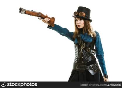 steampunk woman retro girl holding a vintage gun studio shot isolated on white background