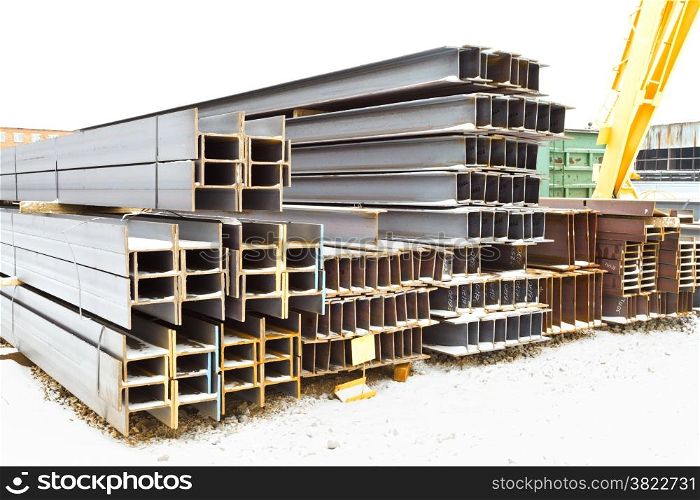 steel beams in outdoor warehouse in winter