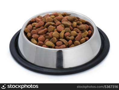 Steel bowl of pet food isolated on white