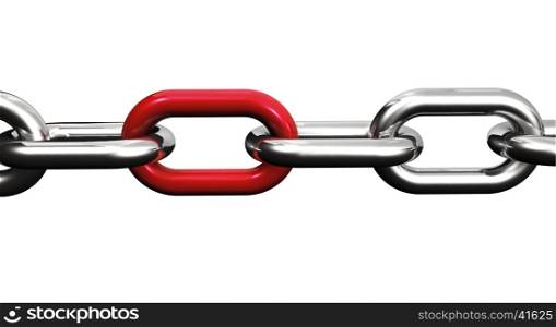 Steel chain with a red link, business collaboration and teamwork concept closeup 3D illustration isolated on white background.