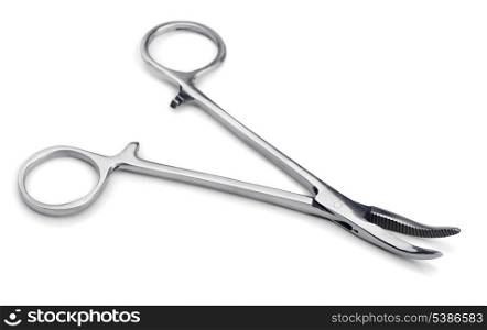 Steel curved forceps isolated on white