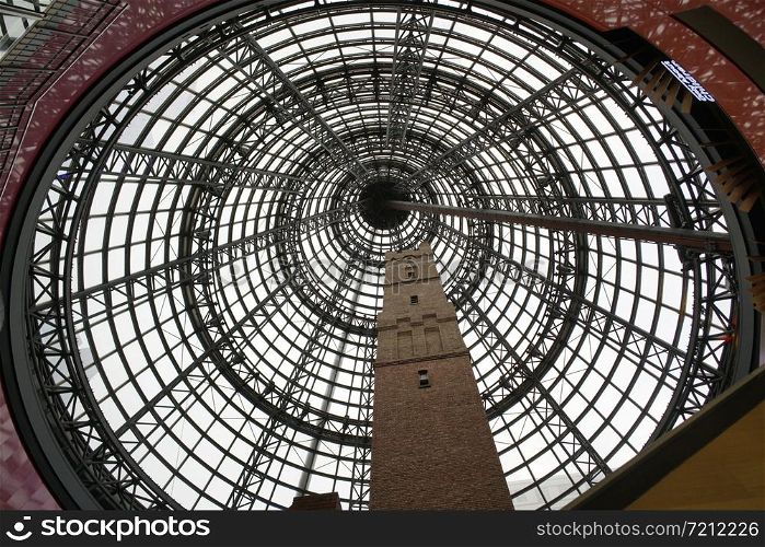 Steel Dome on Brick Chimney, Showroom window, Bourke Street, Melbourne, Australia. Melbourne Central station and Mall, Melbourne, Australia