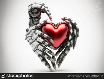 Steel hands holding a heart. Futuristic idea. Generative AI