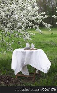 steel life - breakfast in the spring garden. table with white tablecloth served for tea drinking 