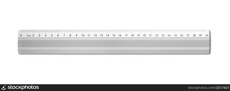 Steel metallic ruler isolated on white background. Metal ruler isolated on white background