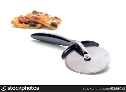 Steel pizza cutter and two pieces of pizza isolatedon white