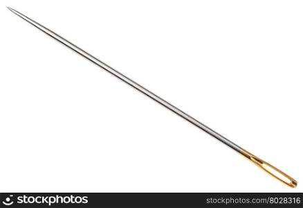 steel sewing needle with golden needle&rsquo;s eye isolated on white background