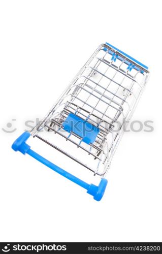 steel shopping cart with blue handle on white background