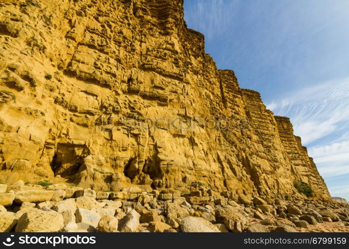 Steep Cliffs of West Bay, film location of Broadchurch. Dorset, England, United Kingdom