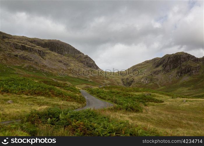 Steep hairpin bends on Handknott pass in English Lake District