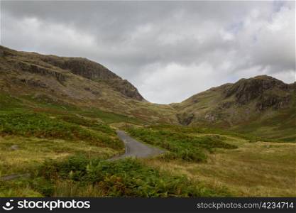 Steep hairpin bends on Handknott pass in English Lake District