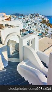 Steep stairs of Fira town in Santorini Island in Greece. Greek landscape