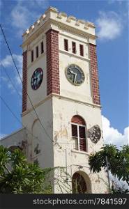 Steeple of the Anglican Church of Saint Georges. The church was destroyed during the hurican Ivan. Grenada, Caribbean.