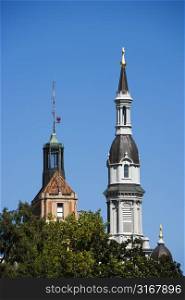 Steeple of the Cathedral of the Blessed Sacrament in Sacramento, California, USA.