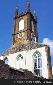 Steeple of the Presbyterian Church of Saint Georges. The church was destroyed during the hurican Ivan. Grenada, Caribbean.