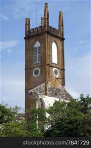 Steeple of the Presbyterian Church of Saint Georges. The church was destroyed during the hurricane Ivan. Grenada, Caribbean.