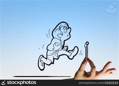 Steeplechase sport. Funny caricature of running sportsman jumping over barrier