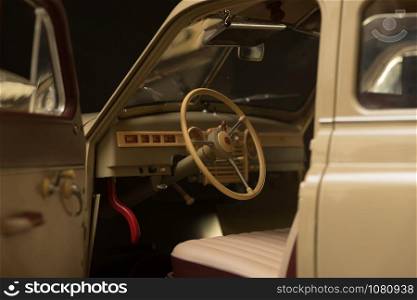 steering wheel retro car, dashboard, inside car interior
