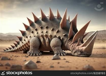 stegosaurus lying on its side, with its claws and sπkes visib≤, created with≥≠rative ai. stegosaurus lying on its side, with its claws and sπkes visib≤