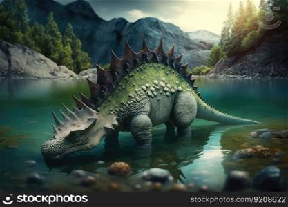 stegosaurus swimming in calm river, with its tail and back fins visible, created with generative ai. stegosaurus swimming in calm river, with its tail and back fins visible