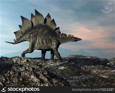 Stegosaurus walking on the hill by sunset - 3D render. Stegosaurus walking on the hill - 3D render