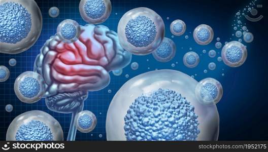 Stem cell Dementia therapy and alzheimer treatment for brain degeneration as multicellular organisms for cellular treatment of degenerative cognitive function illness due to aging with 3D illustration elements.