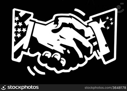 stencil drawing white on black painted wall of a handshake with usa and china flags