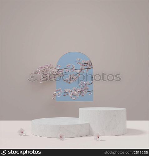 Step cylindrical white marble pedestal showcase podium stage with natural fresh plants for product presentation 3D rendering illustration