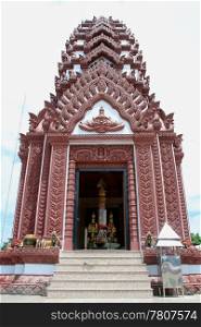 Steps and facade of small buddhist temple in city pillar, Prachuap Khiri Khan