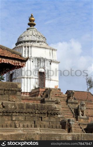 Steps and white stupa in Bhaktapur iun Nepal