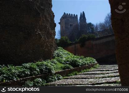 Steps at the approach to the Alhambra, Granada, Andalusia, Spain,