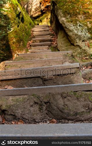 Steps between rocks, ascent to the cowshed in Saxon Switzerland. Steps in the rock