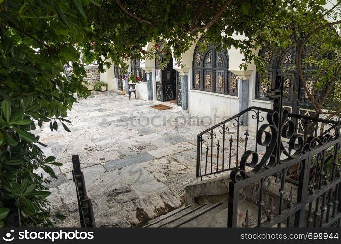 Steps into courtyard of St Catherine's Greek Orthodox church in Athens. St Catherine Greek Orthodox church in Athens