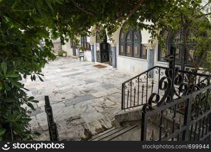 Steps into courtyard of St Catherine's Greek Orthodox church in Athens. St Catherine Greek Orthodox church in Athens