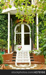 steps, porch and door of new village house in summer day