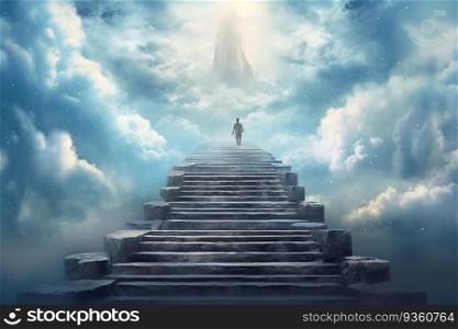 Steps to Heaven, a staircase in the clouds leads to the gates of Heaven created by generative AI
