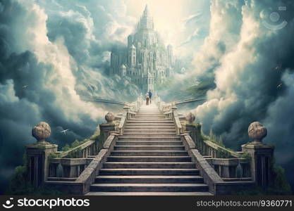 Steps to Heaven, a staircase in the clouds leads to the gates of Heaven created by generative AI