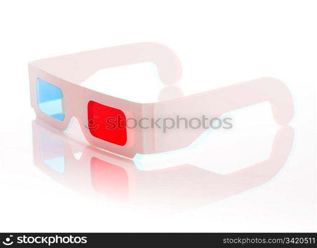 Stereoscopic anaglyph 3D image of disposable paper 3D glasses.