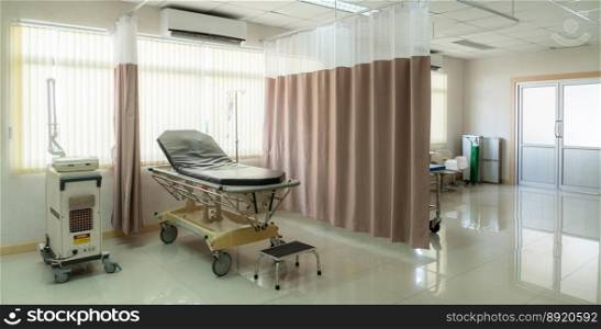 Sterile recovery room equipped with comfortable modern medical sickbed for patient recovery. Photo of a hospital bedroom or ward for patient treatment for medical usage.