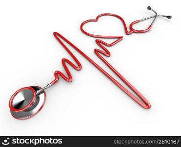 Stethoscope and a silhouette of the heart and ECG. 3d
