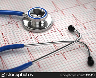 Stethoscope and ECG cardiogram. Medicine concept, 3d